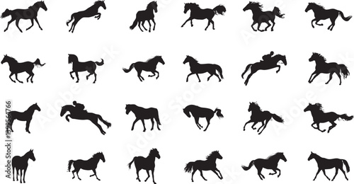 Horse Silhouettes Collection - A Dynamic Range of Black Horse Designs Perfect for Illustrations, Logos, and Equestrian Projects Featuring Various Poses and Movements for Horse Lovers.