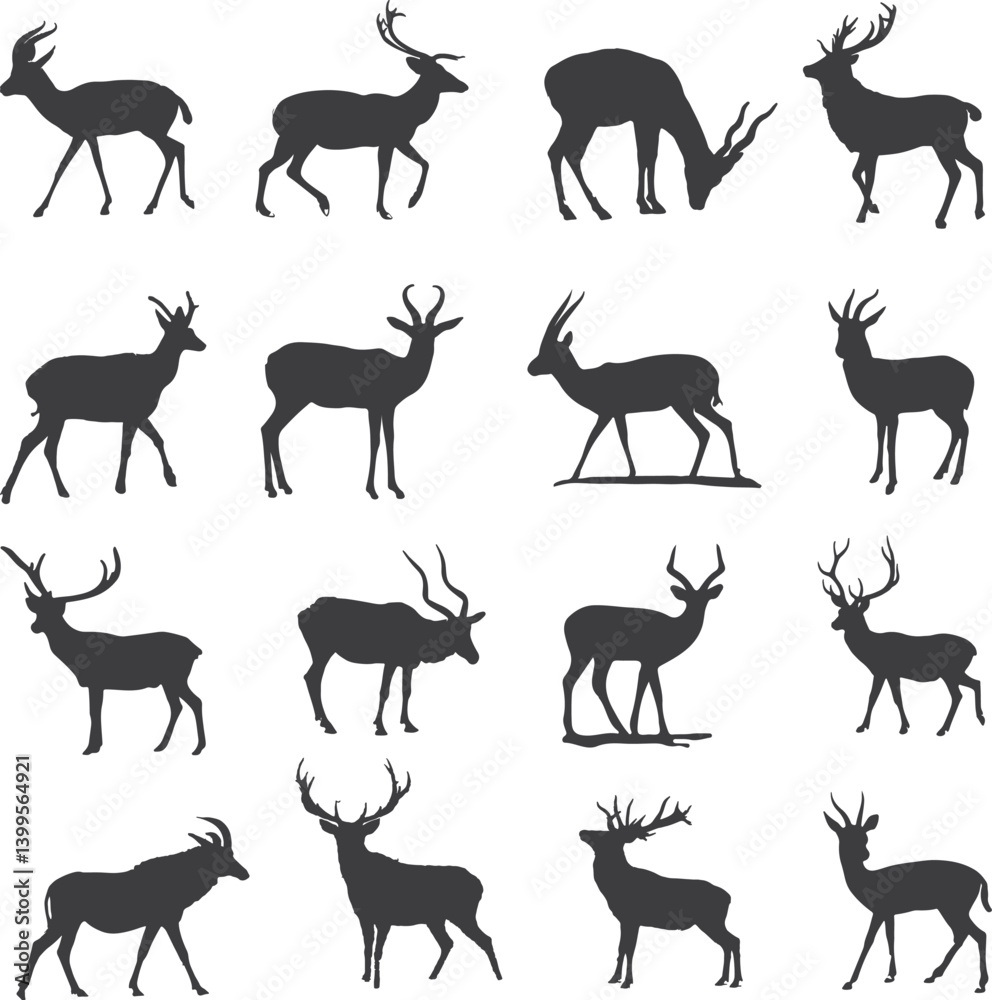 Deer Silhouettes Collection - A Diverse Array of Black Deer Designs Perfect for Illustrations, Logos, and Wildlife Projects Featuring Various Poses and Stances for Nature Enthusiasts. Deer Silhouettes Collection - A Diverse Array of Black Deer Designs Perfect for Illustrations, Logos, and Wildlife Projects Featuring Various Poses and Stances for Nature Enthusiasts.