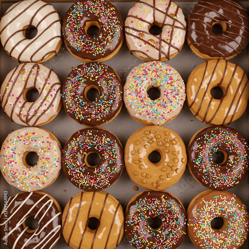 Assortment of colorful frosted doughnuts with sprinkles in box, flat lay top view of delicious sweet pastry treats