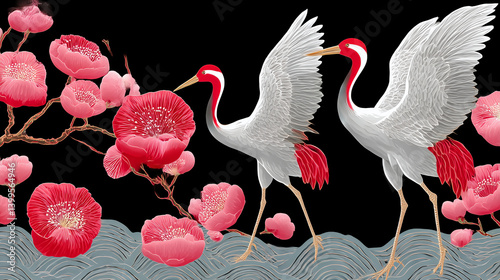 Illustration of Red-Crowned Cranes with Red Accents