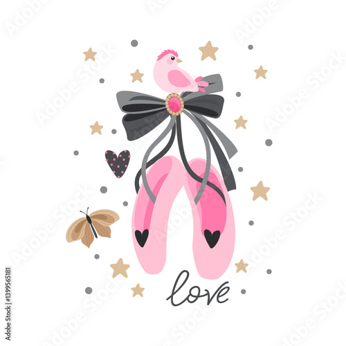 Romantic postcard with ballet shoes. Printing on children's clothes, print.