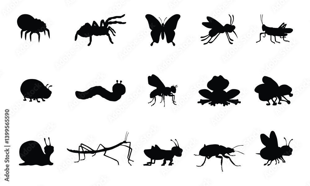 Fototapeta premium Insect and Arachnid Silhouettes Collection - Featuring Spider, Butterfly, Ant, Grasshopper, Snail, and More for Illustrations, Logos, and Nature Projects