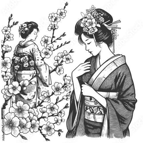 geisha in traditional attire, surrounded by sakura cherry blossoms in a serene scene sketch engraving generative ai vector illustration. Scratch board imitation. Black and white image.