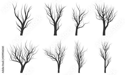 a set of black dead tree silhouette illustration design elements