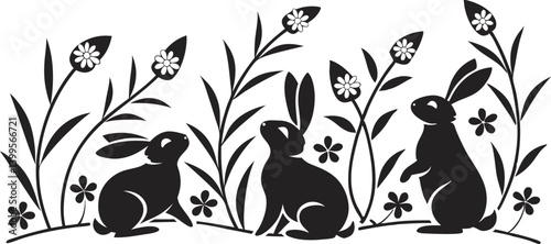 Silhouettes of Rabbits Among Tall Flowers