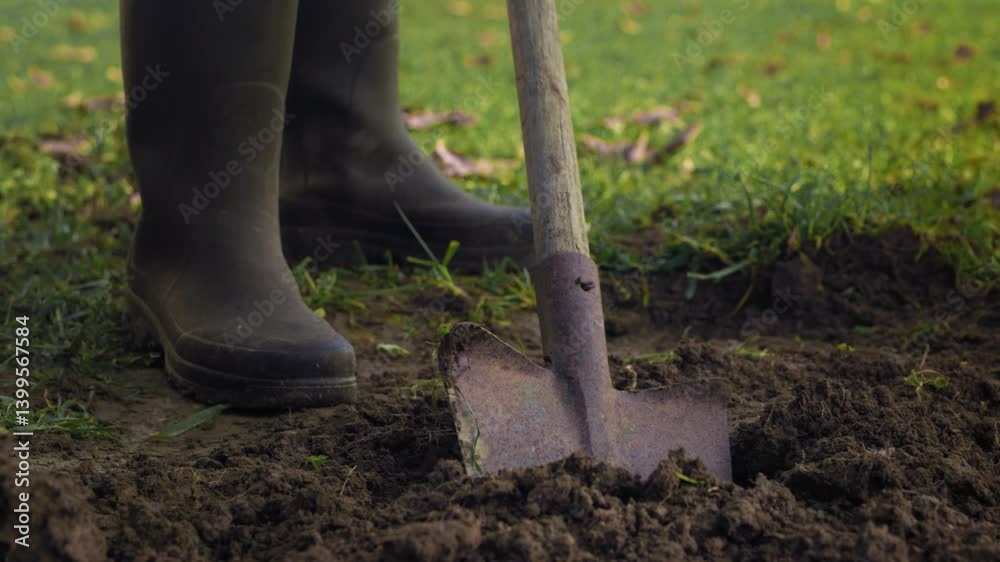 A farmer digs up the land with a shovel in close-up