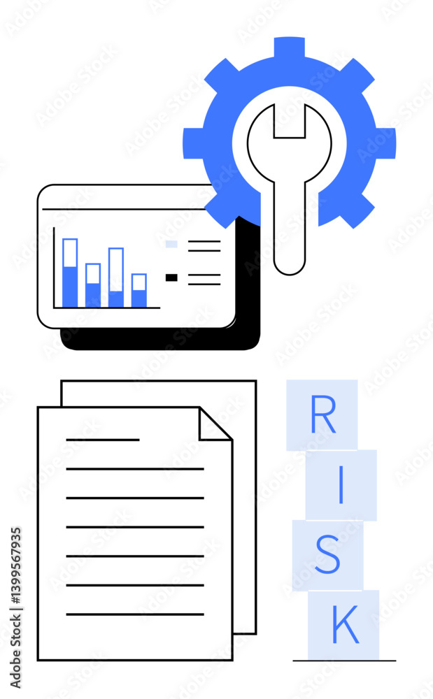 Bar chart on tablet, gear with wrench, stacked RISK blocks, and documents. Ideal for business strategy, risk management, data analysis, process improvement, problem-solving planning abstract line Bar chart on tablet, gear with wrench, stacked RISK blocks, and documents. Ideal for business strategy, risk management, data analysis, process improvement, problem-solving planning abstract line