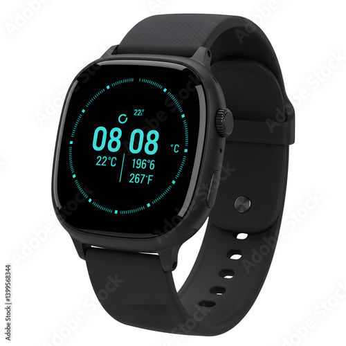 Modern black digital smart watch with a transparent background