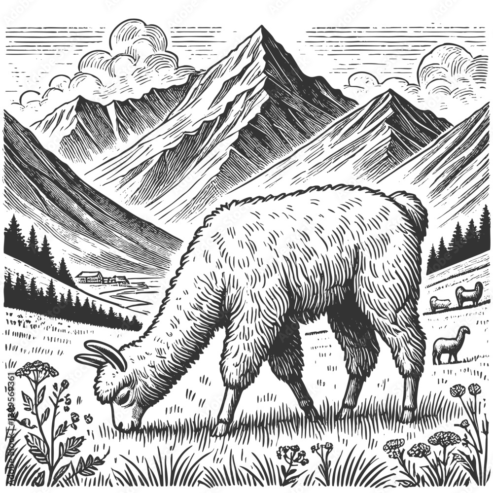 Obraz premium llama grazing in a high-altitude mountain valley, surrounded by rugged peaks and natural vegetation, engraved, woodcut style sketch engraving generative ai vector. Scratch board. Black and white.
