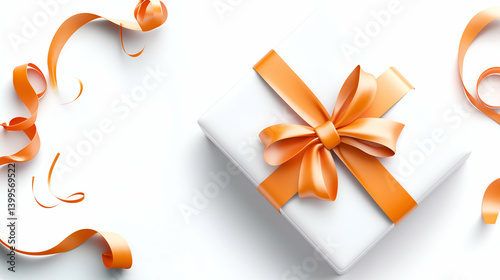 Elegant white gift box with orange satin ribbon and bow on white background for celebration or special occasion