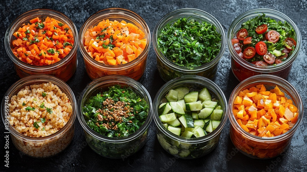 Vibrant vegan meal preparation with fresh plant based ingredients arranged in eco friendly containers across sustainable kitchen workspace showing weekly organized healthy food planning approach. Vibrant vegan meal preparation with fresh plant based ingredients arranged in eco friendly containers across sustainable kitchen workspace showing weekly organized healthy food planning approach.