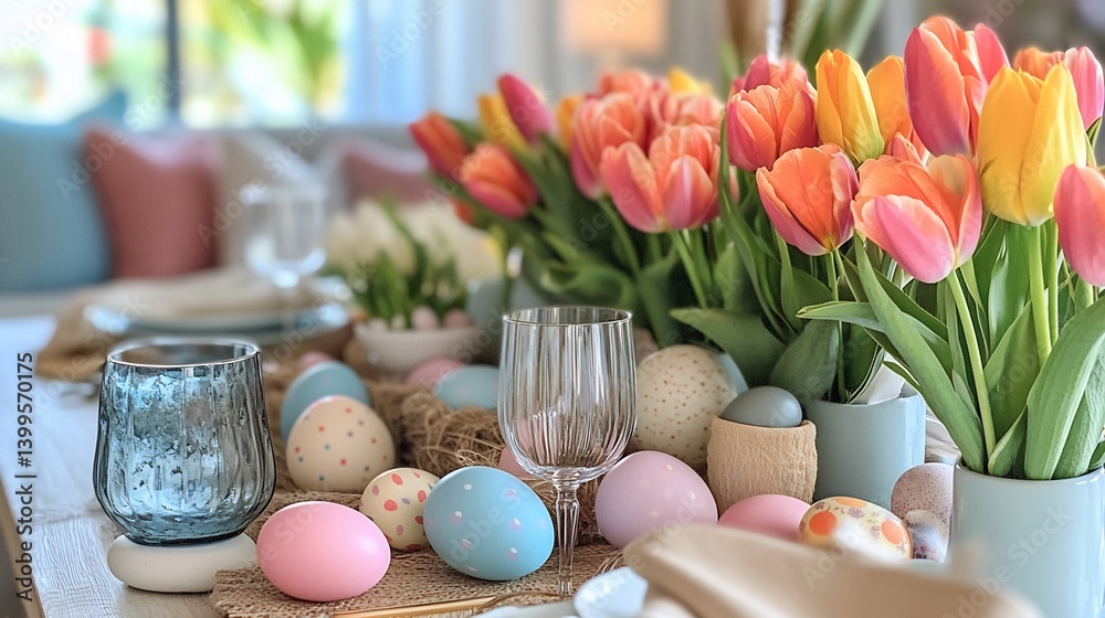 Festive Easter brunch table setting with pastel Easter eggs bright tulips and a cozy homey decor Festive Easter brunch table setting with pastel Easter eggs bright tulips and a cozy homey decor