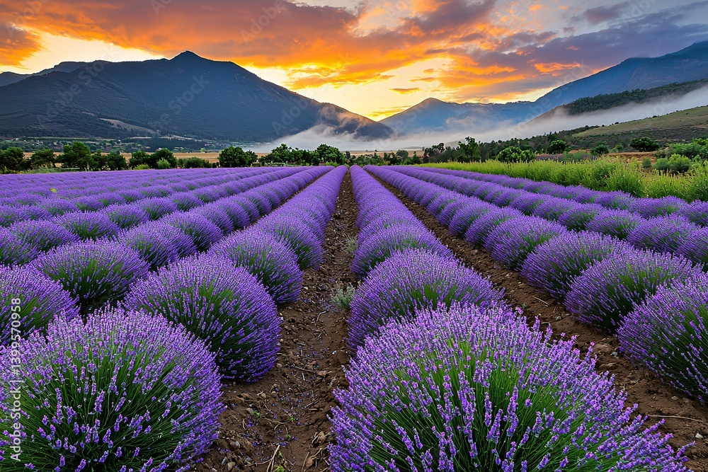 Fototapeta premium Stunning Lavender Field with Majestic Mountains and Vibrant Sunset