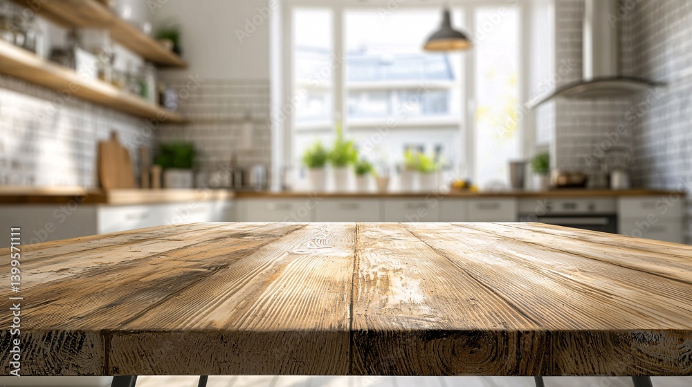 Rustic Wooden Table Surface in Bright Modern Kitchen Background Rustic Wooden Table Surface in Bright Modern Kitchen Background