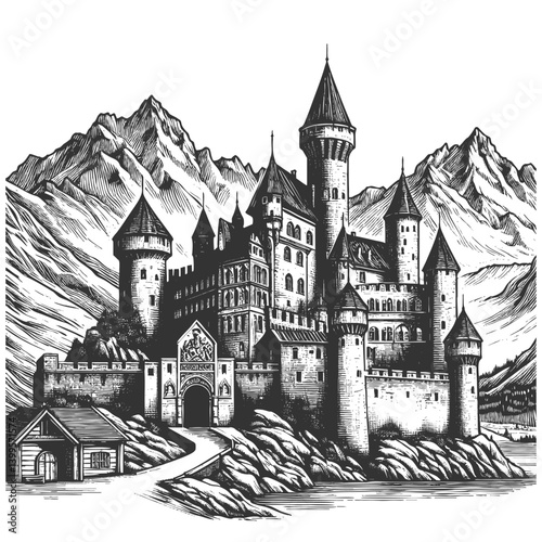 grand medieval castle nestled among Alpine mountains, architectural details in classic etching style sketch engraving generative ai vector illustration. Scratch board imitation. Black and white image.