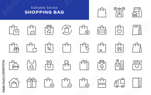 Shopping bag line icon set. Shopper, paper, plastic bag, eco packaging, gift and more. Outline vector icon in linear style. Series of pictograms.	
