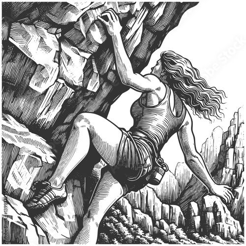 woman rock climbing, showcasing strength, adventure, and outdoor exploration sketch engraving generative ai fictional character vector illustration. Scratch board imitation. Black and white image.