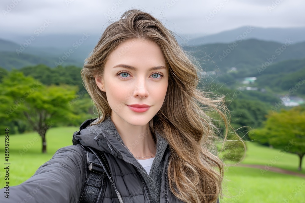 A selfie of a woman with wind in her hair on top of a mountain A selfie of a woman with wind in her hair on top of a mountain