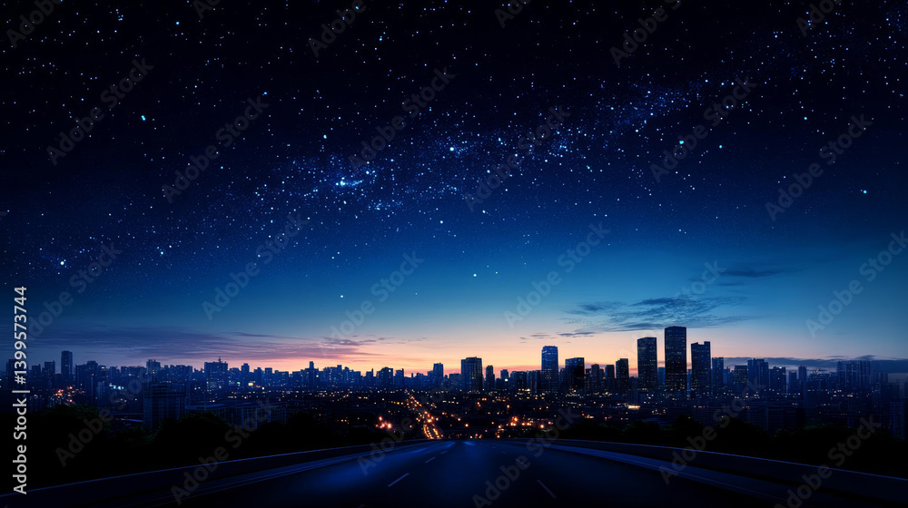 Fototapeta premium stunning city skyline at night, illuminated by stars and city lights, creates serene atmosphere