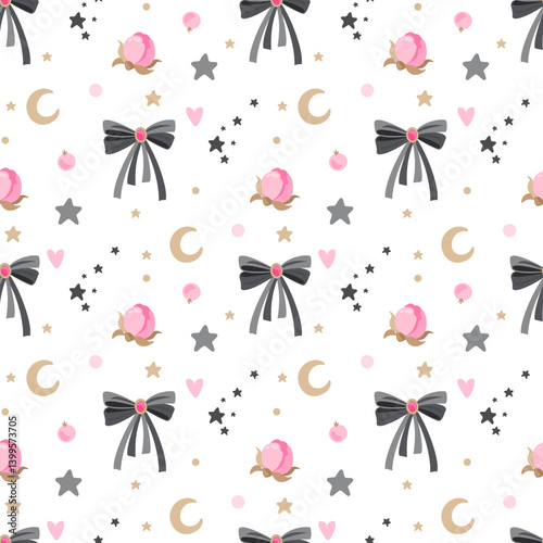 Seamless pattern with cute bows, flowers and romantic elements. Print on baby bedding, clothes and wrapping paper.