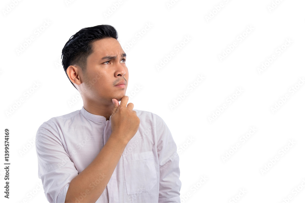 Pensive Asian Muslim man looking aside with doubtful and skeptical expression isolated on transparent background Pensive Asian Muslim man looking aside with doubtful and skeptical expression isolated on transparent background