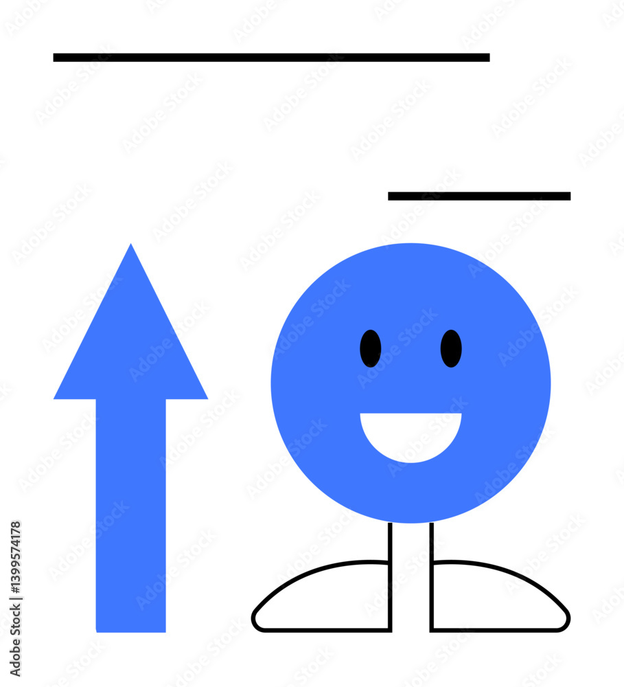 Fototapeta premium Minimalist smiling figure next to upward arrow signifying progress, growth, or positivity. Ideal for motivation, personal growth, success, business improvement, creativity education teamwork. Flat