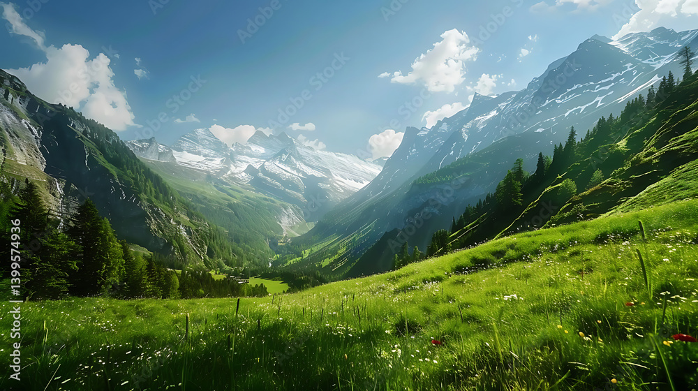 Fototapeta premium Giant mountains with snow above green valley with meadow and forest 