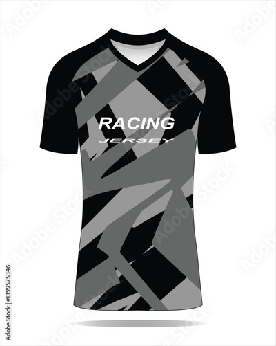 Stylish racing jersey design featuring a modern black and gray geometric pattern