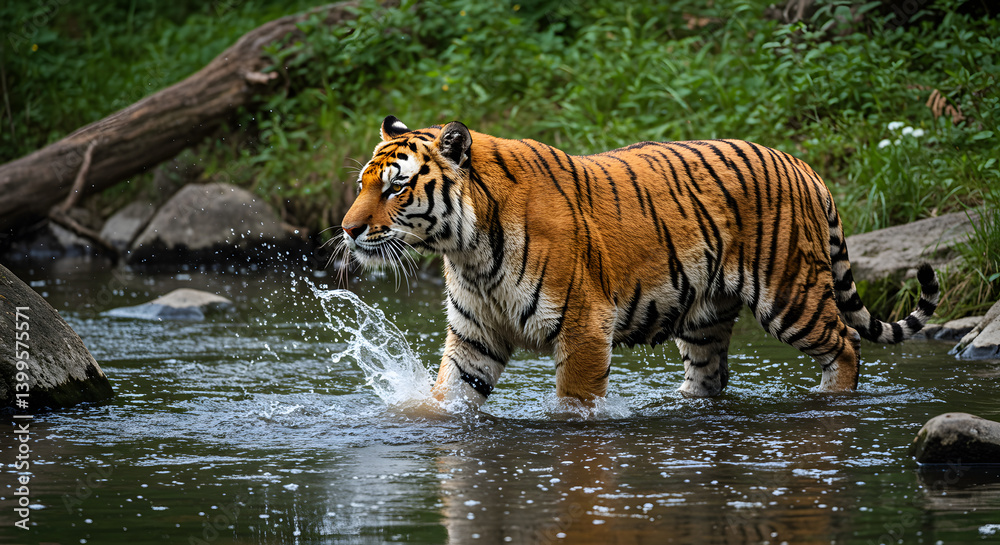 Obraz premium Tiger crossing a shallow river in a forest, showcasing its vibrant orange and black stripes and powerful form in a natural jungle habitat during a bright day.