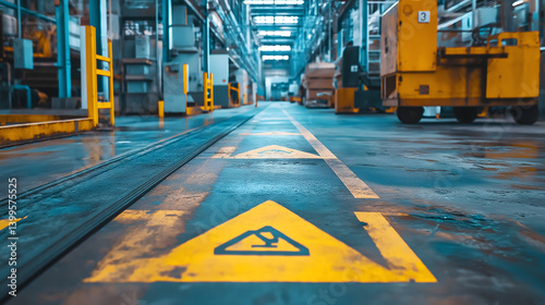Modern Industrial Warehouse Interior with Yellow Signage and Forklift - Safe and Organized Storage Space