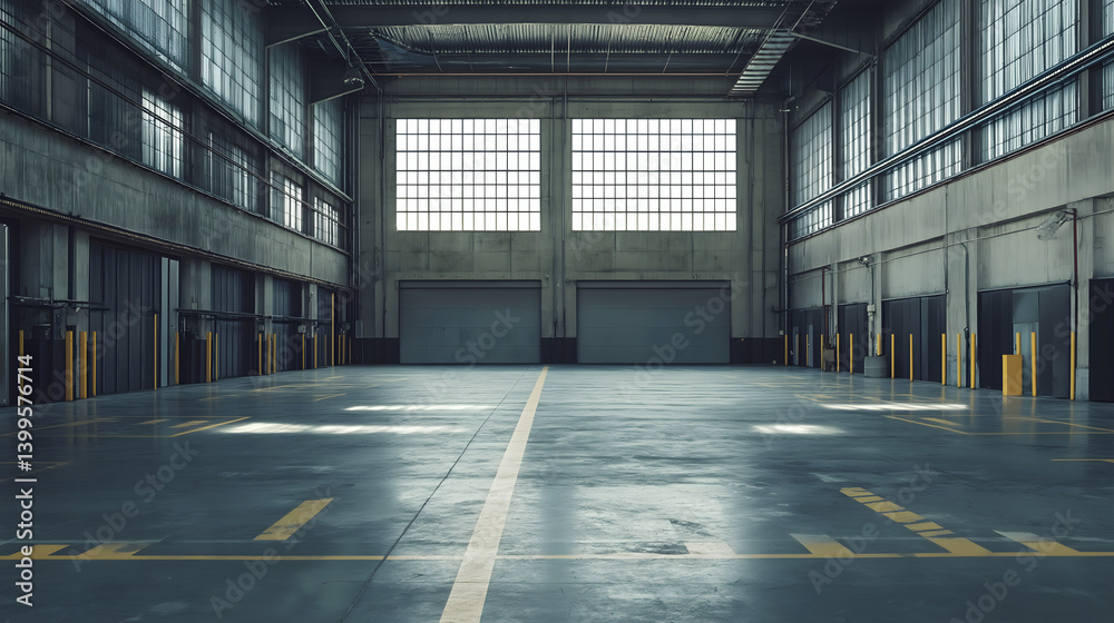 Industrial Interior Design: Spacious Empty Warehouse with Concrete Flooring and Large Bay Doors - Perfect for Commercial Storage Industrial Interior Design: Spacious Empty Warehouse with Concrete Flooring and Large Bay Doors - Perfect for Commercial Storage