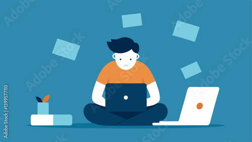 Individual at a Computer A lone individual sitting at a computer with a frustrated expression searching online for affordable health insurance options while surrounded by papers.