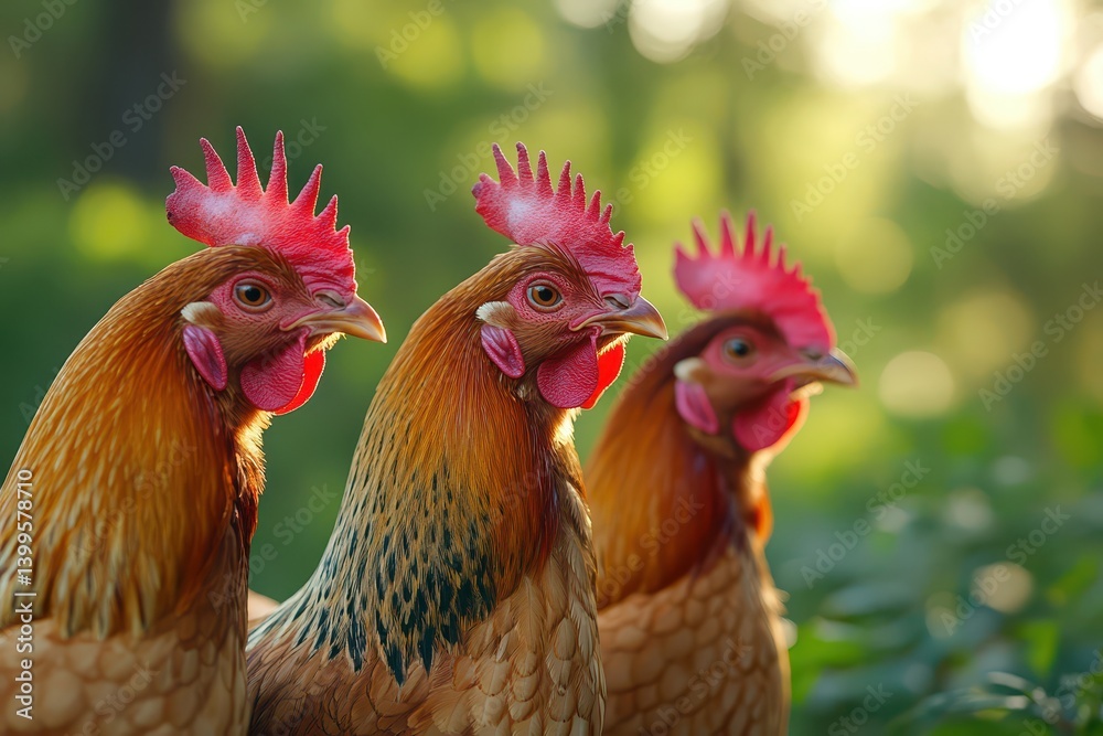 Fototapeta premium Chickens in nature at golden hour