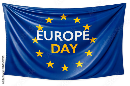 The flag of the European Union with the text Europe Day on a white background, symbolizing the celebration of Europe Day. AI, Illustration, Generation.
