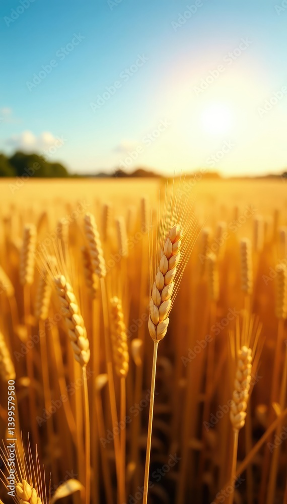 Wheat stalks in golden light stretching towards the horizon, blue sky, vast fields, field photography Wheat stalks in golden light stretching towards the horizon, blue sky, vast fields, field photography