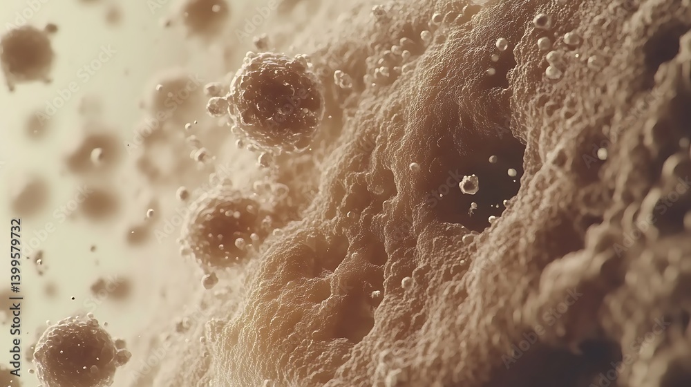 Fototapeta premium Abstract cellular structure with suspended particles. Close-up view of a complex, textured organic form, filled with bubbles and dispersed elements. A beige/tan color palette 
