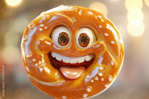 A cheerful, cartoonish pretzel with a wide, happy grin and sparkling eyes.
