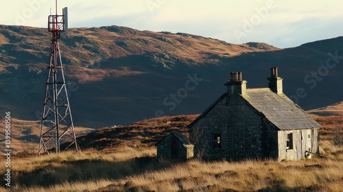 Close up of an old radio mast with a single red light besides a tumbledown house 