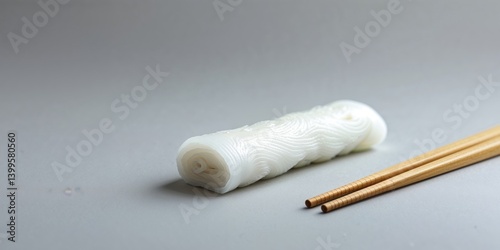 White Rice Noodle Roll with Wooden Chopsticks on Grey Background