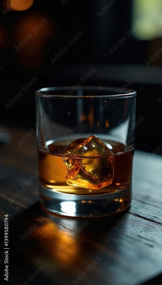 Whisky glass submerged in dark liquid on a table, darkness, backlit Whisky glass submerged in dark liquid on a table, darkness, backlit