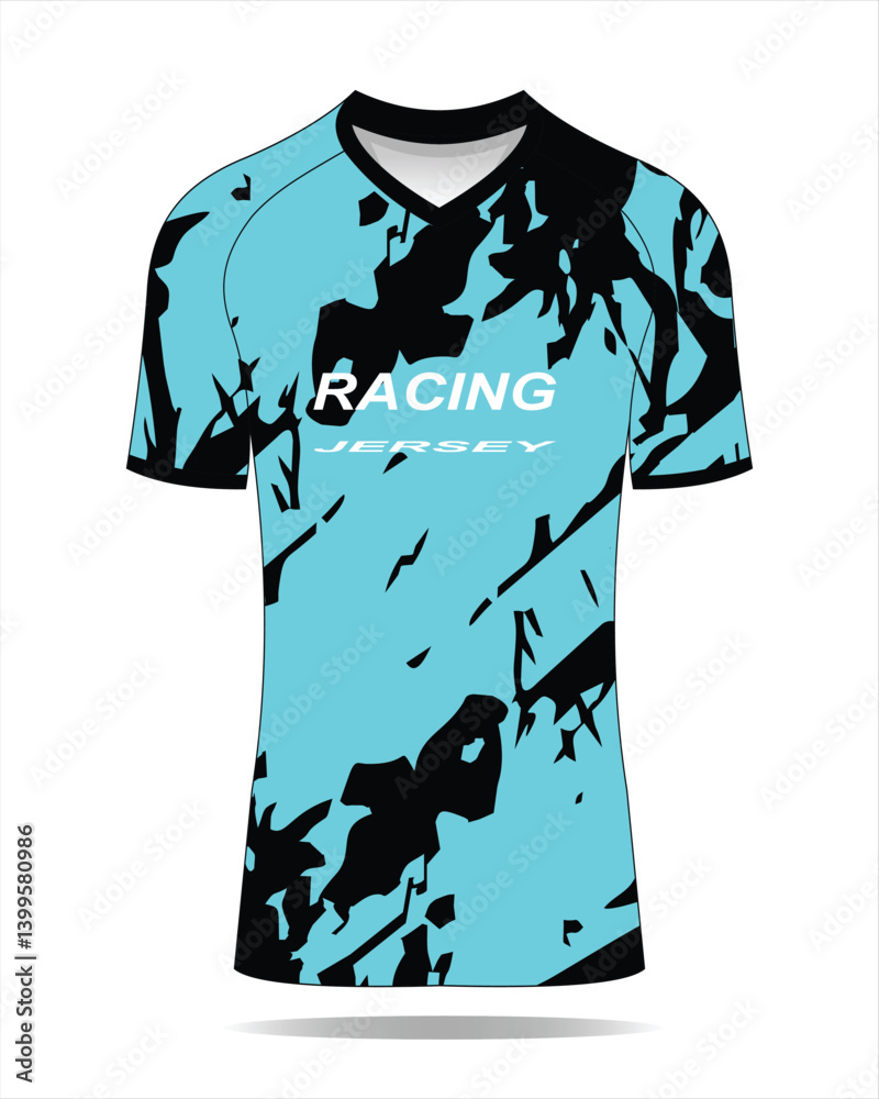 Racing jersey design featuring an abstract pattern in blue and black, suitable for sportswear promotion Racing jersey design featuring an abstract pattern in blue and black, suitable for sportswear promotion