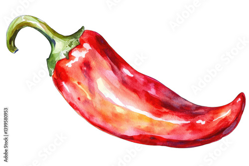 a vibrant watercolor illustration of a red chili pepper showcasing its smooth texture and curved shape ideal for culinary or artistic purposes
