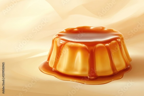 A delectable caramel custard dessert, glossy and rich, sits on a creamy background.