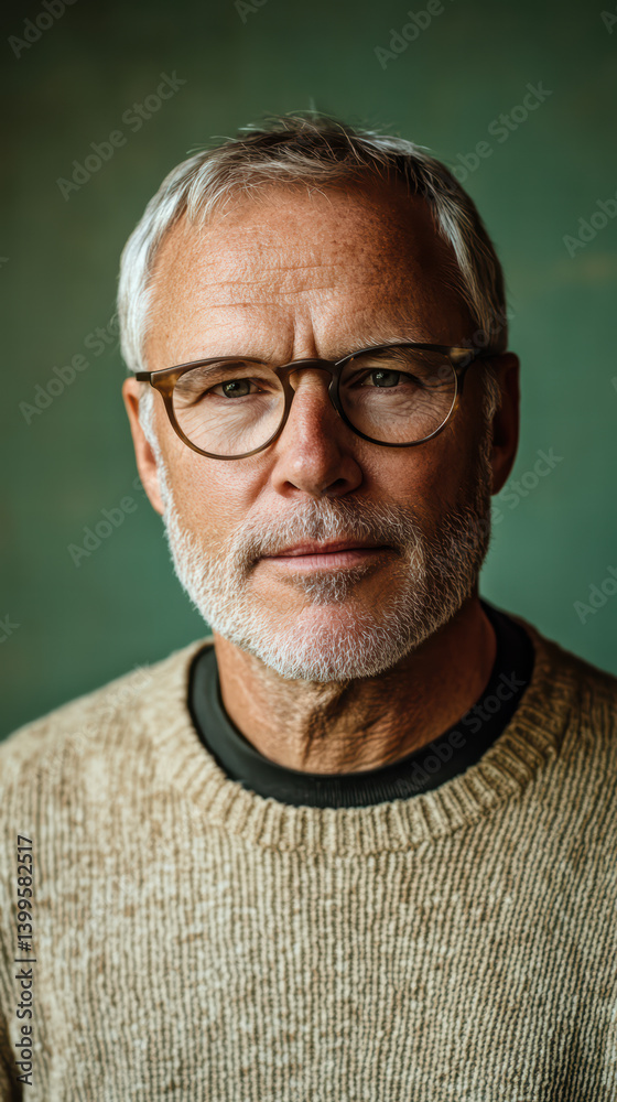 Obraz premium Thoughtful Gaze: A close-up portrait of a mature individual with a graying beard and thoughtful eyes, exuding experience and wisdom. 