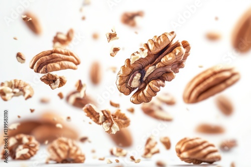 Pecans and fragments floating on white background