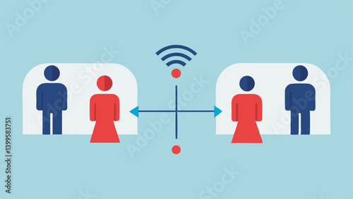 Internet Access Barriers An of a wall or barrier separating two groups. On one side people are connected with wireless signals and screens. On the other side people are shown
