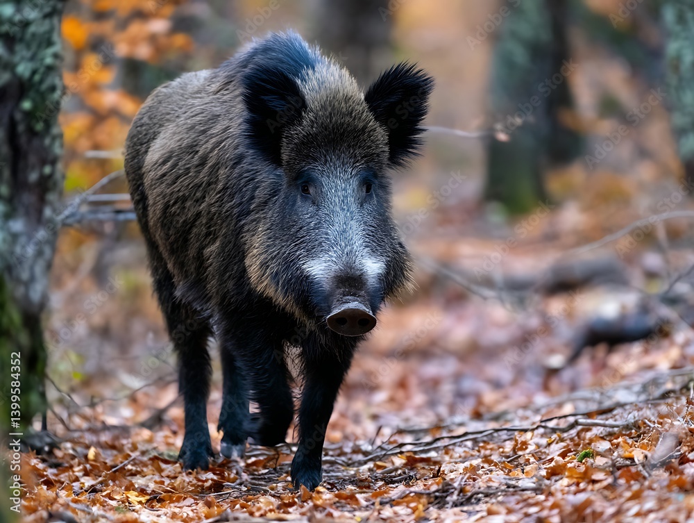 Wild Boar Walking Through Autumn Forest with Brown Leaves Wild Boar Walking Through Autumn Forest with Brown Leaves