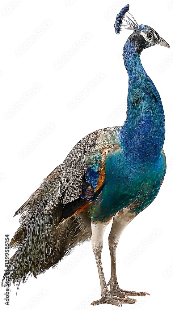 Obraz premium Peacock Standing Isolated Against White Background with Colorful Plumage