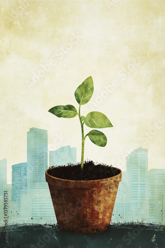 Single Potted Plant with a Cityscape Background
