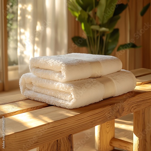 A folded linen towel on a rustic wooden bench, soft golden hour light, minimalist spa aesthetic, warm neutral tones, textured fabric details, serene atmosphere